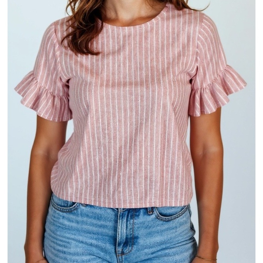 DREW Anthropologie Womens Top Blouse L Pink White Striped Ruffle Short‎ Sleeve